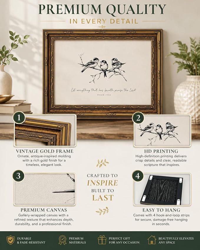 Vintage Gold Framed Bird Wall Art, Christian Bible Verse, 16 x 24 in | Sketch bird canvas with Christian scripture and vintage gold frame for living rooms, bedrooms, hallways, or prayer spaces.