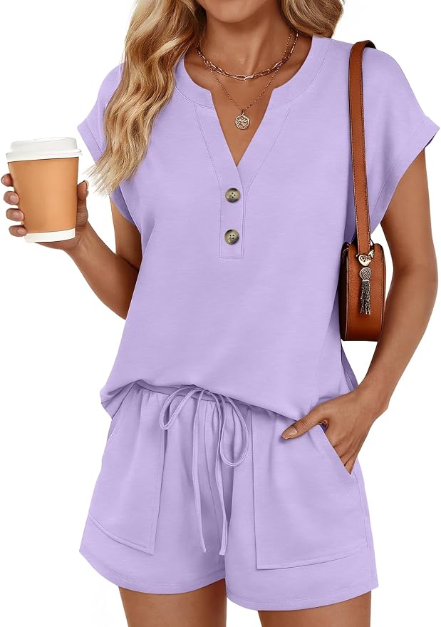 LILLUSORY 2 Piece Summer Set 2026 Henley Top & Drawstring Shorts with Pockets