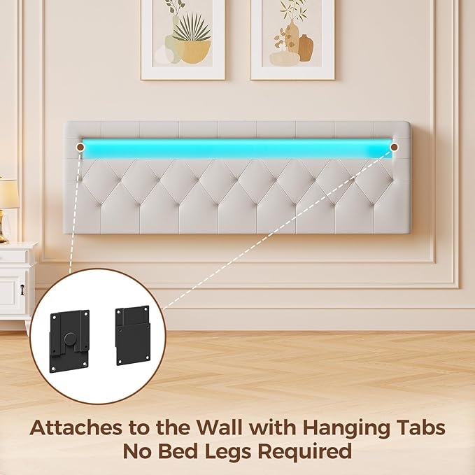 GREENSTELL Headboard for Queen Size Bed with 60,000 DIY Color of LED Light, USB & Type C Post, Upholstered, Height Adjustable, Sturdy, Easy Assembly, Wall Mounted Head Boards Only, White