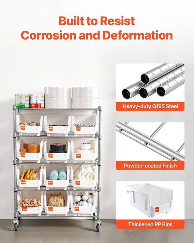 VEVOR 5-Tier Rolling Bin Storage Rack, 12 Organizer Bins, Bin Rack Storage Steel Wire Shelving System with Wheels, Mobile Tool Organizer for Garage, Warehouse, Office, Restaurant, Classroom, Kitchen