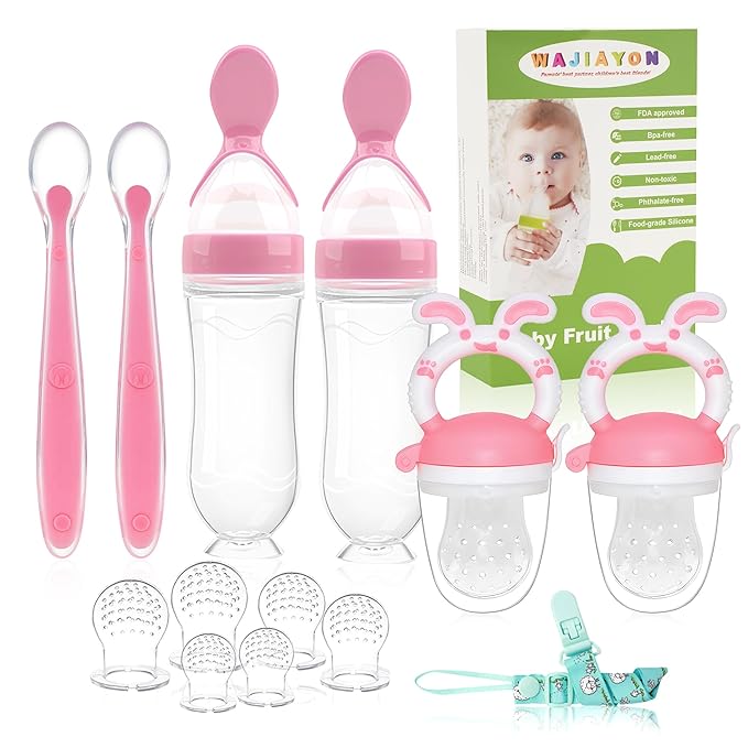WAJIAYON Baby Fruit Feeder Pacifier - 6 Pack | 2 Infant Food Feeder Pacifier & 2 Baby Food Dispensing Spoon | Fresh Fruit Teethers for Babies | Silicone Feeder Babies,Infant Teething Feeders -Pink