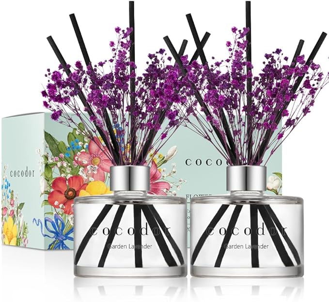 COCODOR Preserved Real Flower Reed Diffuser/Garden Lavender / 6.7oz(200ml) / 2 Pack/Reed Diffuser Set, Oil Diffuser & Reed Diffuser Sticks, Home Decor & Office Decor, Fragrance and Gifts