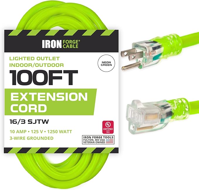 Iron Forge Cable Weatherproof 100 Ft Outdoor Extension Cord - 16/3 SJTW 13 Amp Heavy Duty Neon Green High Visibility Cable with 3 Prong - Lighted End