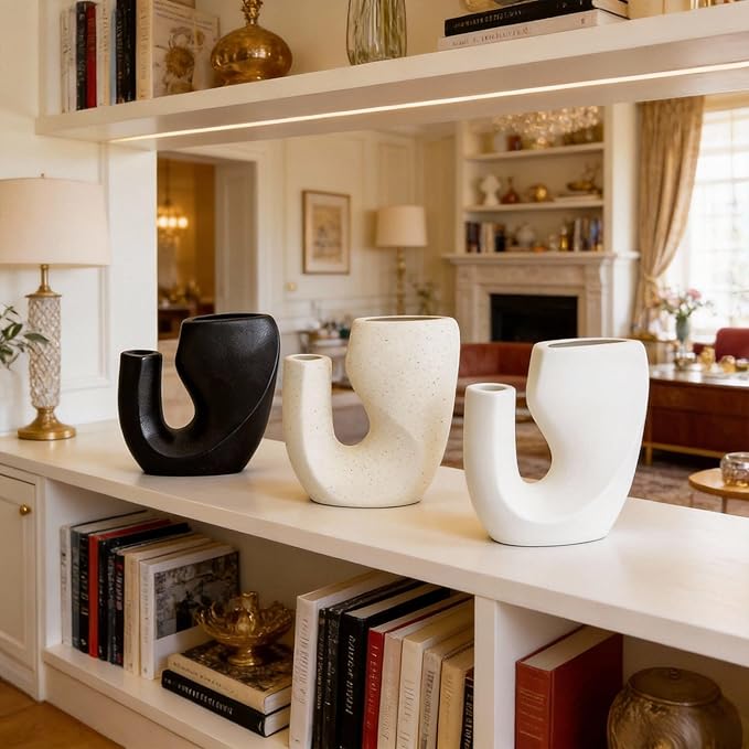 Nordic Style Ceramic Vase Set, Luxury Artistic Flower Arrangement for TV Cabinet and Entryway, Modern Minimalist Home Decor Accents(Type B Black)