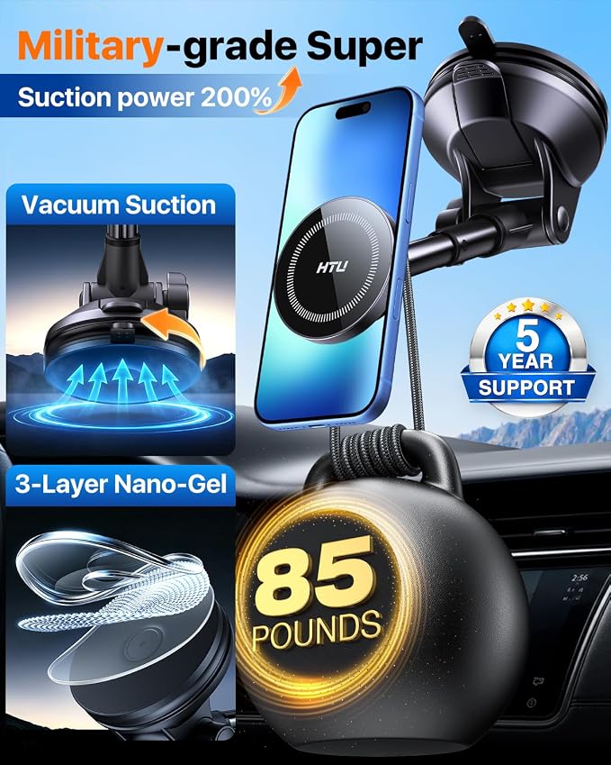 HTU 2026 Upgraded for Magsafe Car Mount [80LBS Strongest Suction & Military-Grade] Powerful Magnetic Cell Phone Holder for Car Dashboard Windshield for iPhone 17 16 15 14 Pro Max Mini,Dark Blue