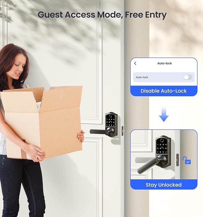 Veise VE019 Fingerprint Smart Lever Lock - APP Control, Keypad Door Lock with Handle, Keyless Entry for Front Door and Bedroom, Electronic Digital Knob, Remote Grant, IP55 Weatherproof, Matte Black