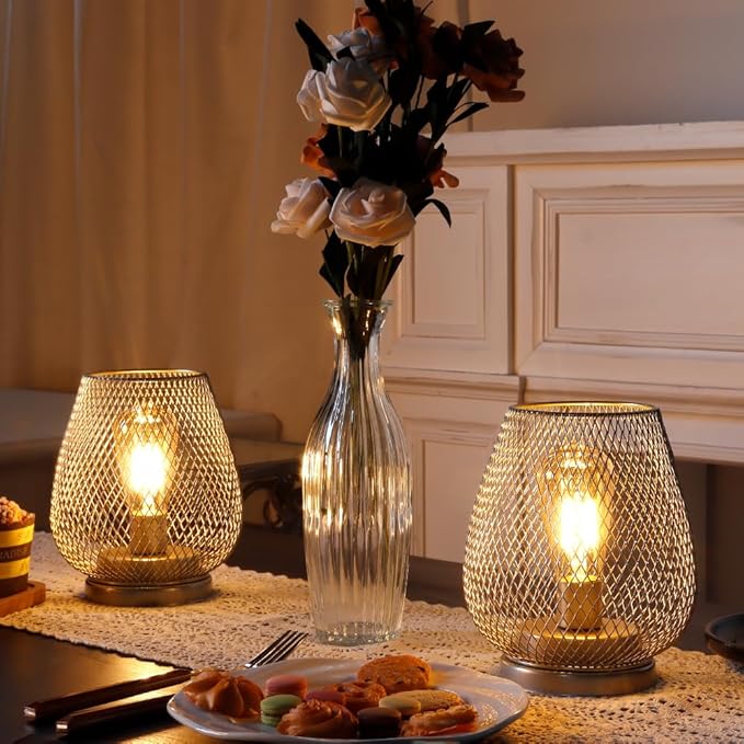 JHY DESIGN Set of 2 Metal Cage LED Lantern Battery Powered Cordless Accent Light with LED Great for Weddings Parties Patio Events for Indoors Outdoors(Silver)