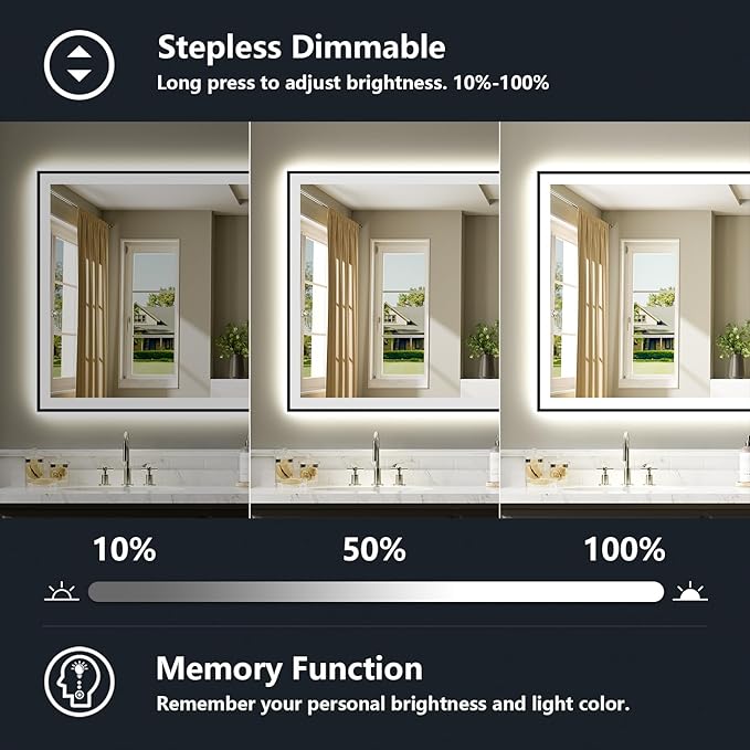 57x36 Inch LED Bathroom Mirror with Lights (Front Lit and Backlit) Black Framed Lighted Vanity Mirror for Bathroom Wall Dimmable Anti-Fog Memory Tempered Glass Horizontal/Vertical