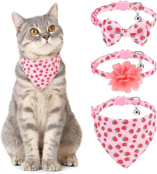 Breakaway Cat Collars with Bell & Cute Pendants - 3 Pack Adjustable Safety Kitten Collars - Decoration for Girl Boy Cats Puppy and Small Pets (Style C - Strawberry)
