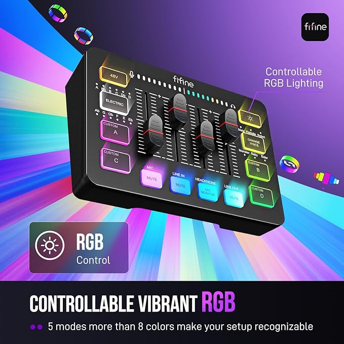 FIFINE Gaming Audio Mixer, Streaming RGB PC Mixer with XLR Microphone Interface, Individual Control, Volume Fader, Mute Button, 48V Phantom Power, for Podcast/Recording/Vocal/Game Voice-AmpliGame SC3 | USB PnP For PC,Mute Button,XLR Preamp,RGB,Voice ch...