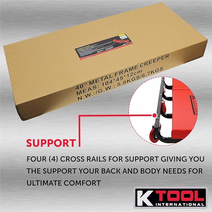 K Tool International 74961 Creeper Seat, Adjustable Headrest with Fully Padded Support, Oil Resistant Rubber Casters, Epoxy Coated Steel Frame for Shop Mobility