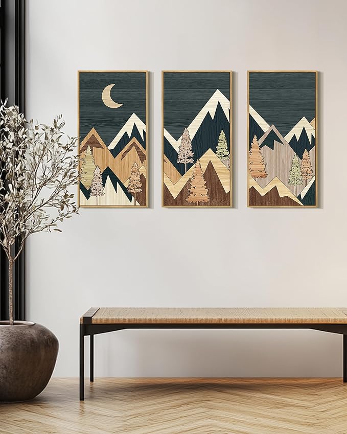 KUVIOKE Huge 16x32in Wooden Mountains Range Landscape Wall Art Framed Tree Nature Wall Decor Moon Rises Prints Bedroom Living Room Ready to Hang Natural Framed