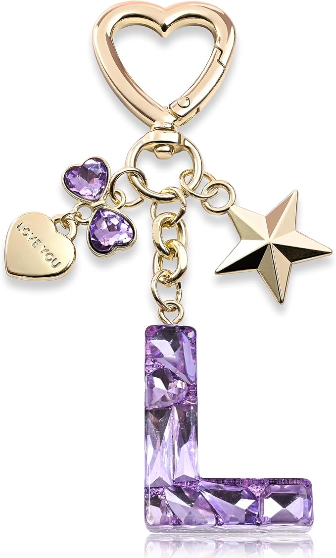 Cute Bling Keychain initial Letter Butterfly Star Pink Purple Gift for Women Girls Bag Cup Charms Accessories
