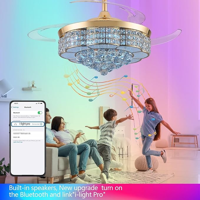 48" RGB Bluetooth Fandelier Ceiling Fan, Crystal LED Chandelier, Retractable Blades 6-Speed Music Player Remote APP Control for Bedroom Glod