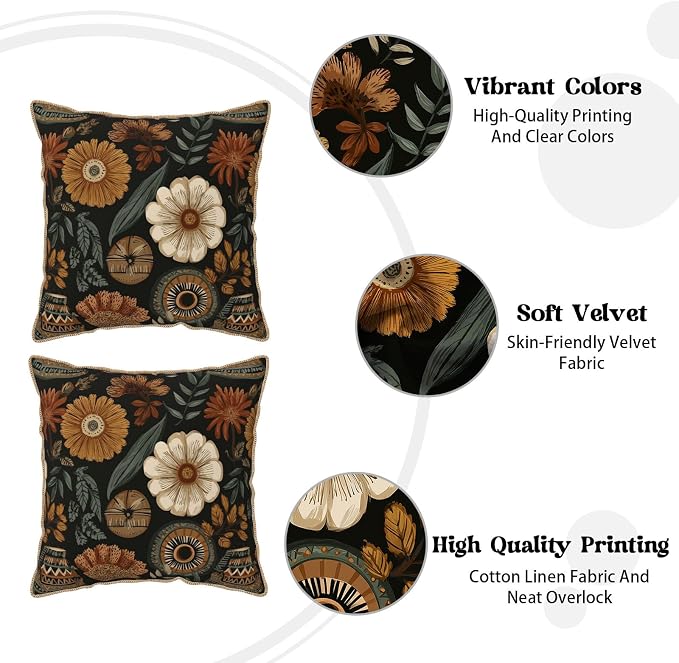 KSLIDS Boho Flower Soft Velvet Throw Pillow Covers Set of 2 Modern Abstract Retro Bohemian Flower Decorative Pillow Covers 20x20 Inch Mid Century Tropical Leaves Pillow Case for Sofa Couch Home Decor