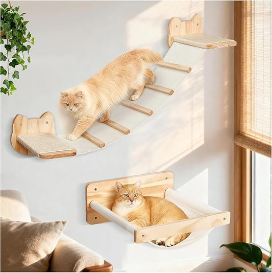 Cat Wall Shelves and Hammock Set, Cat Bridge Wall-Mounted with Climbing Steps and Sisal Roped Scratch Perch, Multi-Level Cats Walls Furniture Bed for Indoor Cats