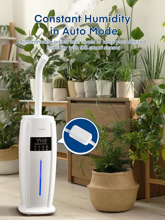 FOHERE 4.8Gal/18L Humidifier Large Room, Easy Top Fill Cool Mist Tower Humidifiers Quiet for Home, Plant, Office, Commercial, Whole House Cover up to 1500ft², with Smart Humidity Sensor, Remote, White