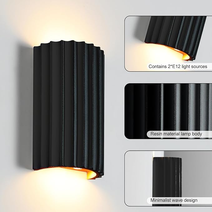 ZEROUNO Black Resin Modern LED Wall sconces Wall Lighting Set of 2, Hardwired Indoor Wall Light Fixtures Lamp Up and Down for Living Room Bedroom Hallway Corridor Conservatory Stairs (with E12 Bulbs)