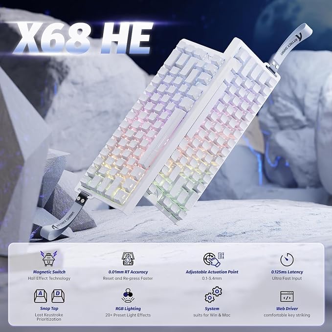 ATTACK SHARK X68HE 60% Wired RT 8K Keyboard+Wireless R1 Mouse-White Contour | Adjustable Actuation,Hall Effect Mechanical Magnetic Switch,Coiled Cable,USB C/2.4Ghz/BT Ultralight 18K DPI Mice for PC Gamer
