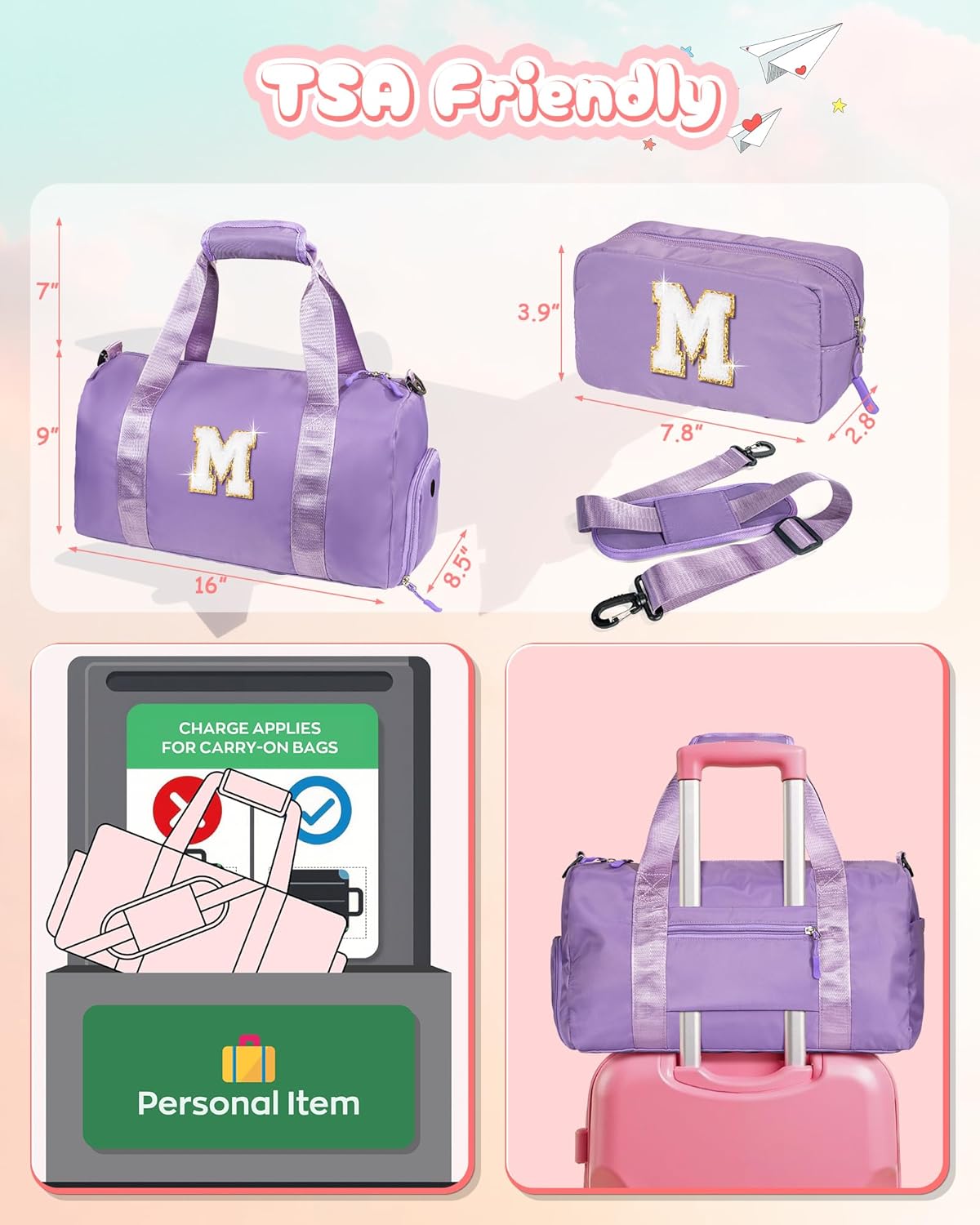 Skiennix Girl Gym Bag - Personalized Weekender with Shoe Compartment & Makeup Pouch | Ideal Birthday Gift for 4-Year-Olds (Letter R)
