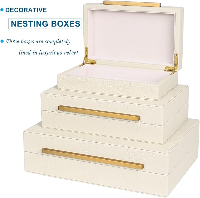 Beige Shagreen Decorative Box Set of 3 - Faux Leather Nesting Storage Boxes with Lids, Large Modern Jewelry Organizer, Stackable Home Decor Box for Bedroom, Bathroom & Office