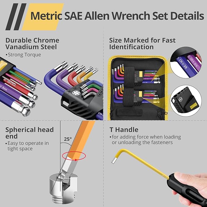 AMTOVL Hex Keys Set - Allen Key Set & Torx Key Set, Metric/Imperial 27PCS Allen Wrench Set Long Arm Ball Head Design with T-Handle Color Coding 1.5-10mm, T10-T50, 1/16-3/8