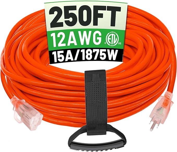 250 ft 12/3 Outdoor Extension Cord Waterproof Heavy Duty with Lighted End 12 Gauge 3 Prong, Flexible Cold-Resistant Long Power Cord Outside, 15Amp 1875W SJTW Orange ETL Listed POWGRN