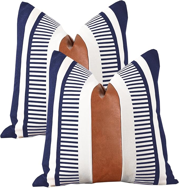 Set of 2 Navy Blue and White Boho Throw Pillow Cover, Faux Leather Modern Couch Pillow Covers 22x22 inch Farmhouse Stripe Pillowcase for Sofa Bedroom Living Room