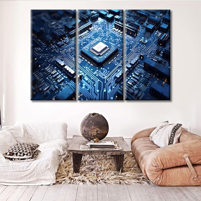 CPU Concept Canvas Wall Art for Living Room Home Decor Technology Blue AI Poster Prints on Canvas 3 Pieces Chip Wall Decorations for Bedroom Bathroom Office Framed Ready to Hang, 60"Wx40"H