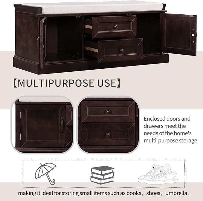 Entryway Storage Bench with Drawers & Cabinets — Cushioned Shoe Storage Bench for Hallway, Mudroom, or Living Room, Solid Wood Frame (Espresso)