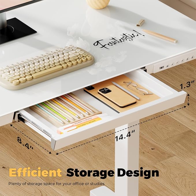 32" Glass Standing Desk with Drawer, Small Electric Desk | Height Adjustable Quick Install One-Piece Tabletop with USB Charging Ports, Sit Stand Computer Desk for Compact Space, White