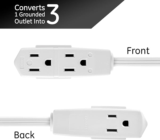 GE 3-Outlet Flat Extension Cord 15 Ft Grounded Extension Cord with Multiple Outlets 3 Prong Outlet Extender Flat Plug Power Strip Indoor 16 Gauge UL Listed White 56986
