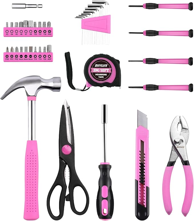 Tool Set Pink-40 Piece - General Household Hand Tool Kit with Plastic Toolbox Storage Case(Pink)