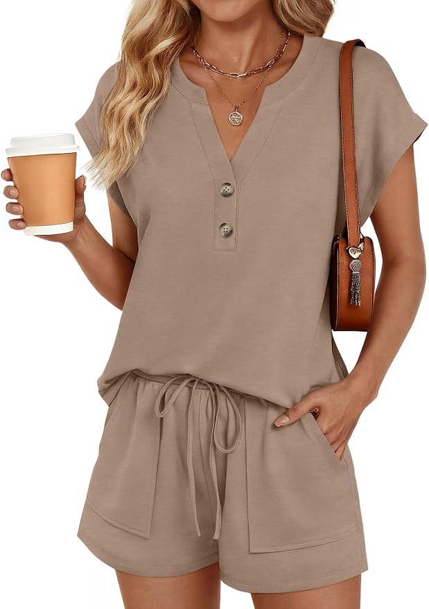 LILLUSORY 2 Piece Summer Set 2026 Henley Top & Drawstring Shorts with Pockets