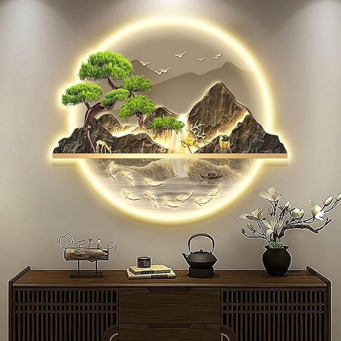 Bubinblau C,60 * 72cm, Mountain Tree Wall Art with Led Light, Zen Wall Art Decor, Luminous Wall Sculptures Painting, for Study Room, Dining Room, Living Room, Tea Room