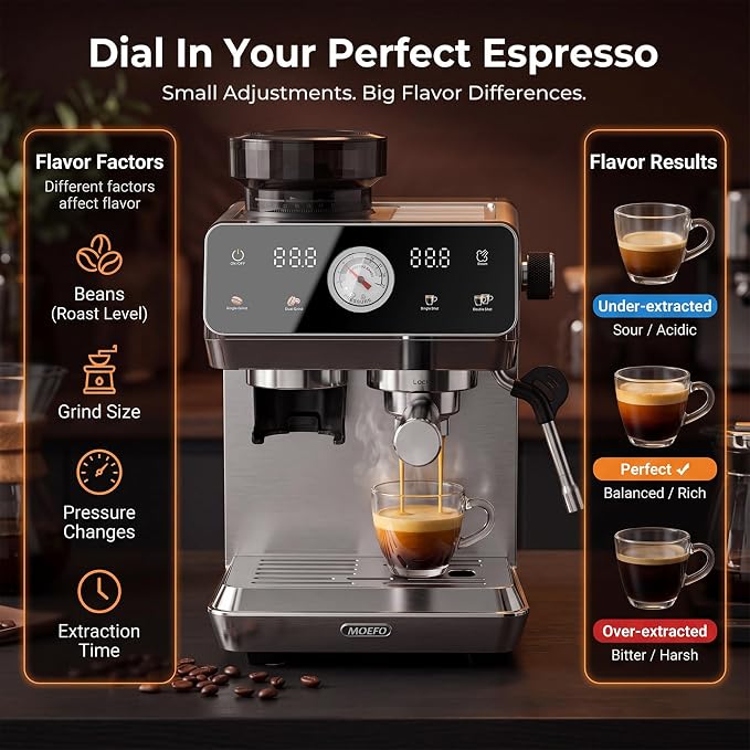 Espresso Machine with Grinder, 20-Bar Programmable Semi-Automatic Coffee Maker, Visual Pressure Gauge & Touchscreen, Compact Design with Tamper, Make Americano, Latte, Cold Brew, Silver