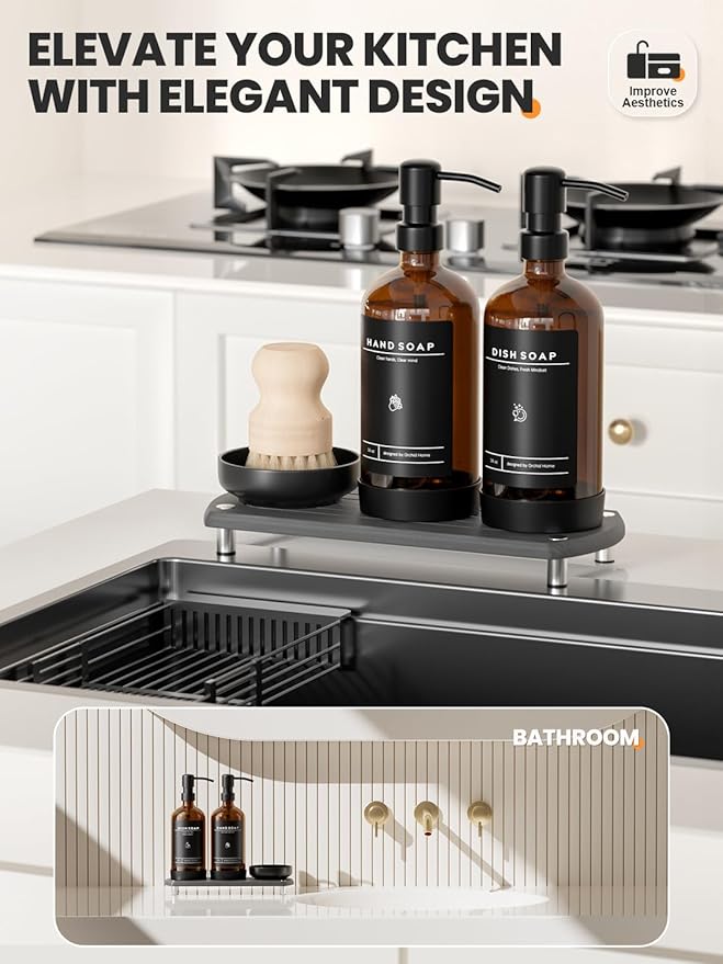 [Luxury] Kitchen Soap Dispenser Set - 16OZ Amber Glass Bottle, Stainless Steel Pump, Instant Dry Tray, Waterproof Labels, Non-Slip Silicone Pad, and Dish Brush | Upgrade for Your Kitchen and Bathroom