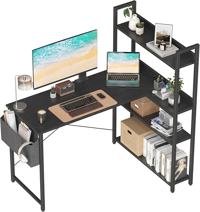 Treesland 47 Inch Computer Desk with Bookshelf, Corner Desk with Storage, L Shaped Desk, Home Office Desks, Writing Study Desk for Bedroom, Black