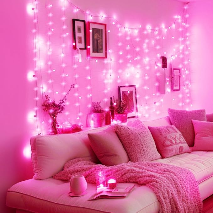 Minetom Curtain Lights, 300 LED Dimmable Fairy Lights with Remote and Timer, 8 Modes, USB Powered String Lights for Room Wall Party Xmas Indoor Decor, Pink