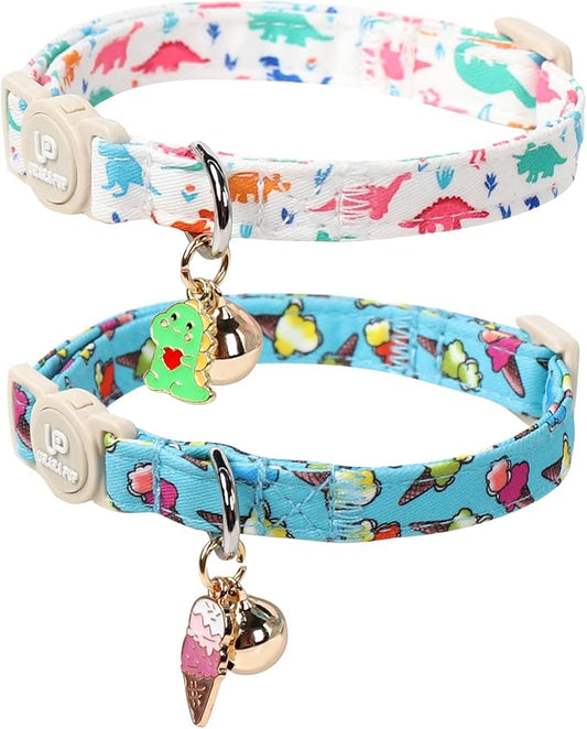 Cat Collar, 2Pack Summer Kitten Collars-Breakaway Kitty Collars-Cute Dinosaur and Icecream Pendants,Cat Collar with Bell, for Girl & Boy Cats