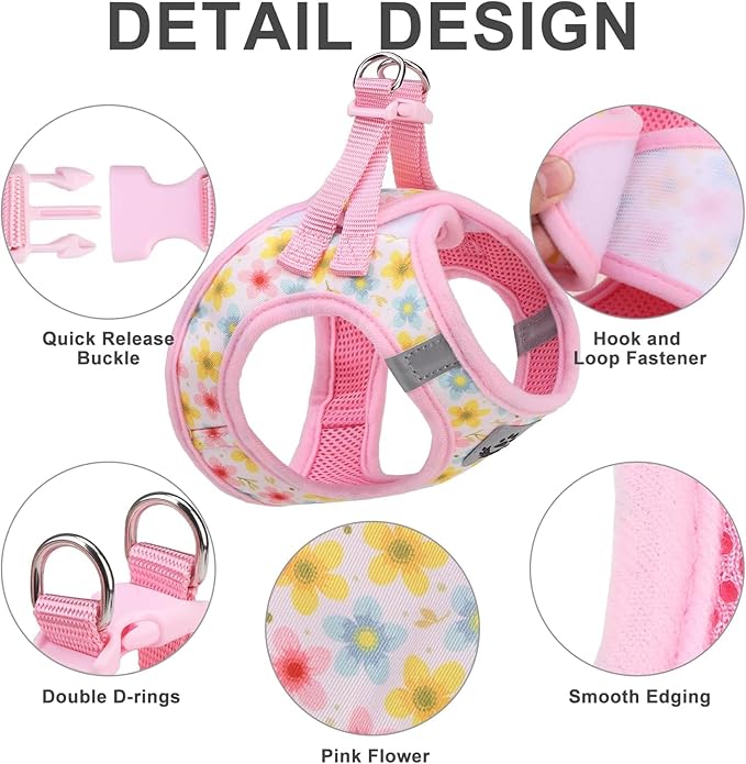 EXPAWLORER Dog Harness and Leash Set - Cute Puppy Harness Leash Dog Collar with AirTag Holder Silicone Case, Soft Padded Step in Pet Vest Reflective for Outdoor Walking, Floral L