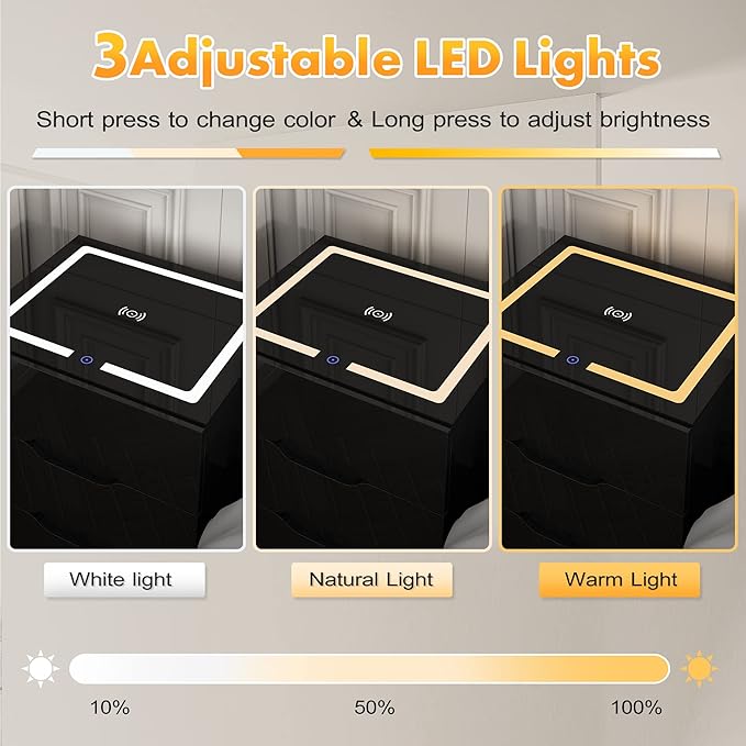 Black Smart Nightstand with Wireless Charging Station & USB Charging, High Gloss Smart Bedside Table with Adjustable LED Lights, End Table Organizer for Bedroom Living Room Office Use