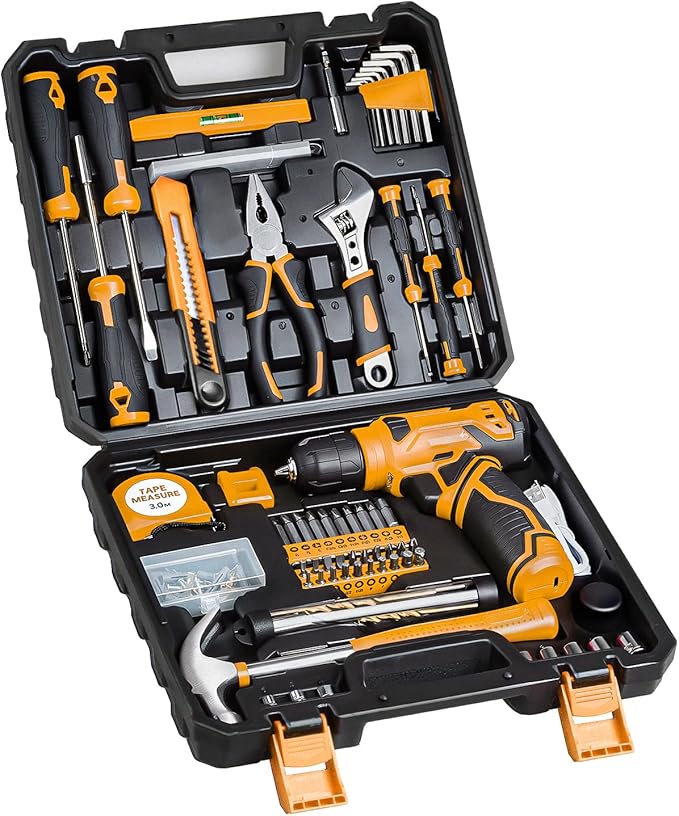 Tool Set - Tool Kit with 8V Cordless Drill, 132 Piece Tool Box with Drill, Home Tool Kits for Men & Women, Hand Drill Set Perfect for Homeowner, Diyer, Handyman-Yellow