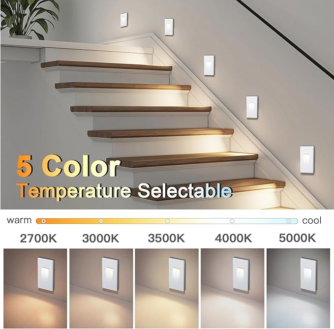 12-Pack Vertical LED Step Lights, Color Adjustable (2700K-5000K), IP65 Waterproof, 3W 70LM, 120V Stair Lights Indoor Outdoor, 10%-100% Dimmable, White, ETL Certified
