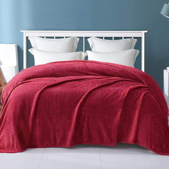 Exclusivo Mezcla Soft Fleece Bed Blanket Queen Size, 90”x90”, Deep Red | Cozy Fluffy Lightweight Blankets for Summer, Decorative Plush Flannel Throws for Living room, Bedroom with Leaves Pattern