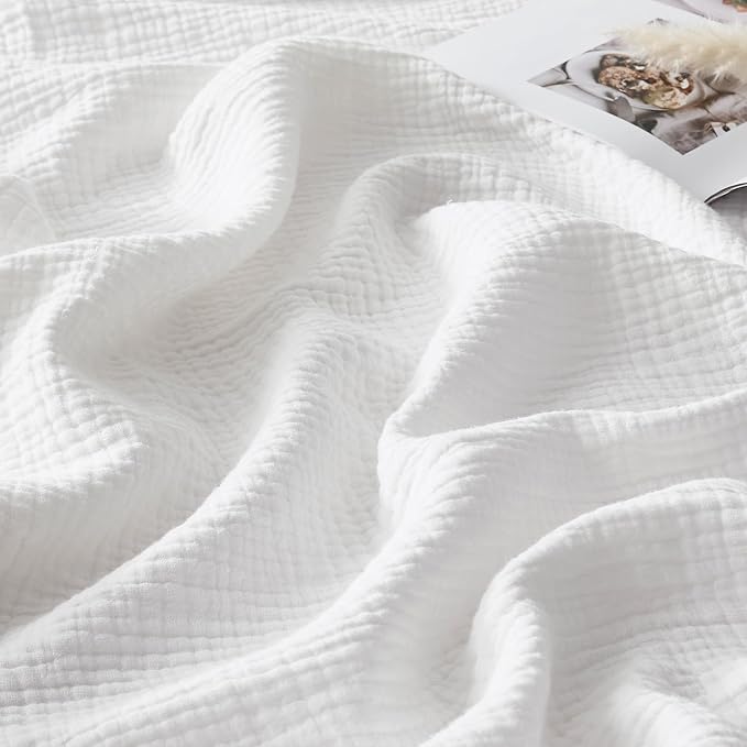 WDCOZY 100% Cotton Muslin Blanket Queen Size 4-Layer for Bed Breathable Lightweight Soft Large Boho Farmhouse Linen Tassels Ruffle Gauze Blankets All Season for Adults 90x90 Inches White