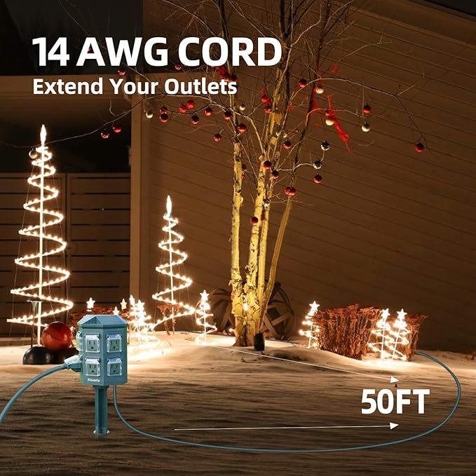 Outdoor Power Stake Timer, Remote Control Dusk to Dawn Light Timer, 50FT Extension Cord Waterproof, 6 Grounded Outlets for Graden and Yard Decorations, ETL Listed