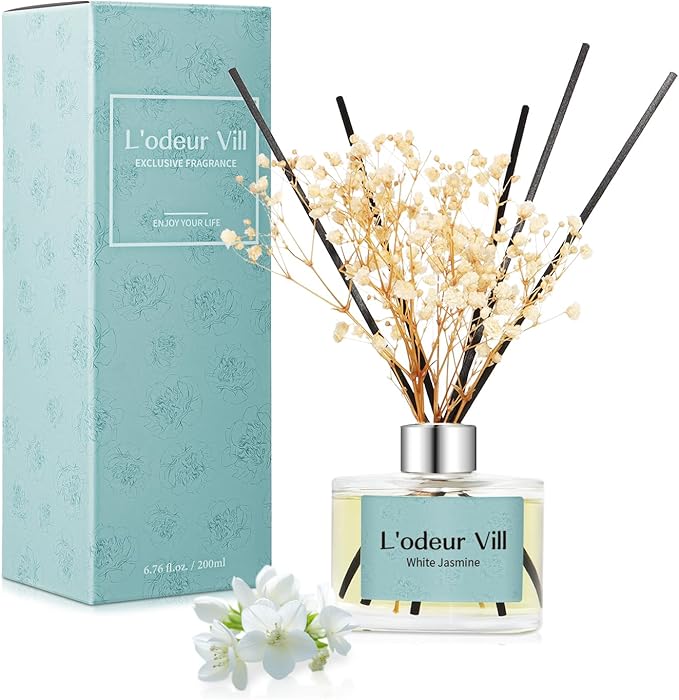 L'odeur Vill Reed Diffuser Set, 6.7 oz(200ml) White Jasmine Scented Diffuser with 6 Oil Diffuser Sticks, Home Fragrance Essential Oil Reed Diffuser for Home Large Rooms Bathroom Shelf Decor