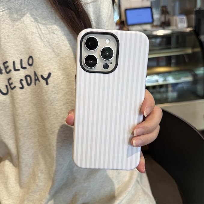 for iPhone 15 Pro Case Striped Cute Aesthetics Phone Case Trendy Protective Shockproof Cover for iPhone 15 Pro White