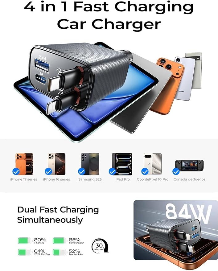 LISEN Retractable Car Charger, 84W Car Charger USB C Fast Charger Adapter, Car Accessories for Men Women, Gifts for Fathers Day for Men Dad Husband, for iPhone 17 16 15 14 13 12 Pro Max, Carbon-Grey | Multiple Ports Car Charger, Retractable Car Charger...